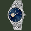 Silver Maserati watch with blue dial on a white background