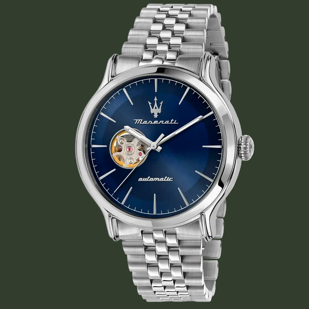 Silver Maserati watch with blue dial on a white background