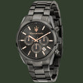 A Maserati men's chronograph watch featuring a black stainless steel case and link bracelet, with a black dial accented by rose gold-tone hands, markers, and logo details.