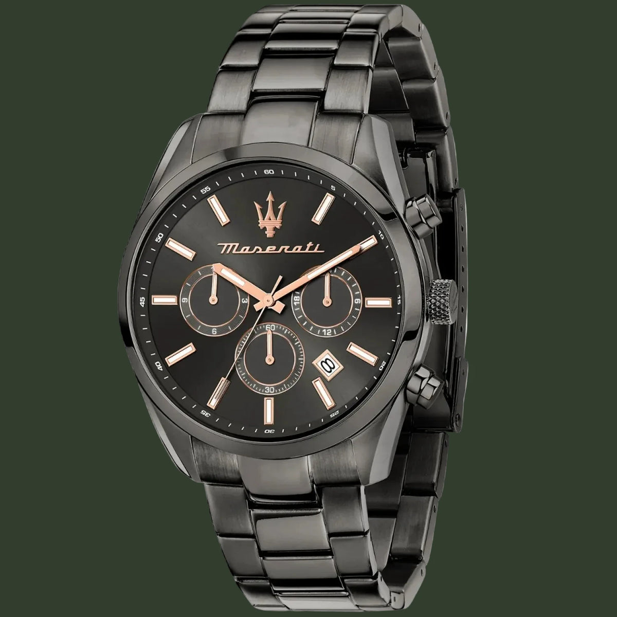 A Maserati men's chronograph watch featuring a black stainless steel case and link bracelet, with a black dial accented by rose gold-tone hands, markers, and logo details.