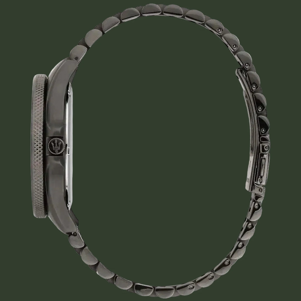A dark gunmetal gray stainless steel watch band with a textured crown and a matching dark case, shown from the side profile on a white background.