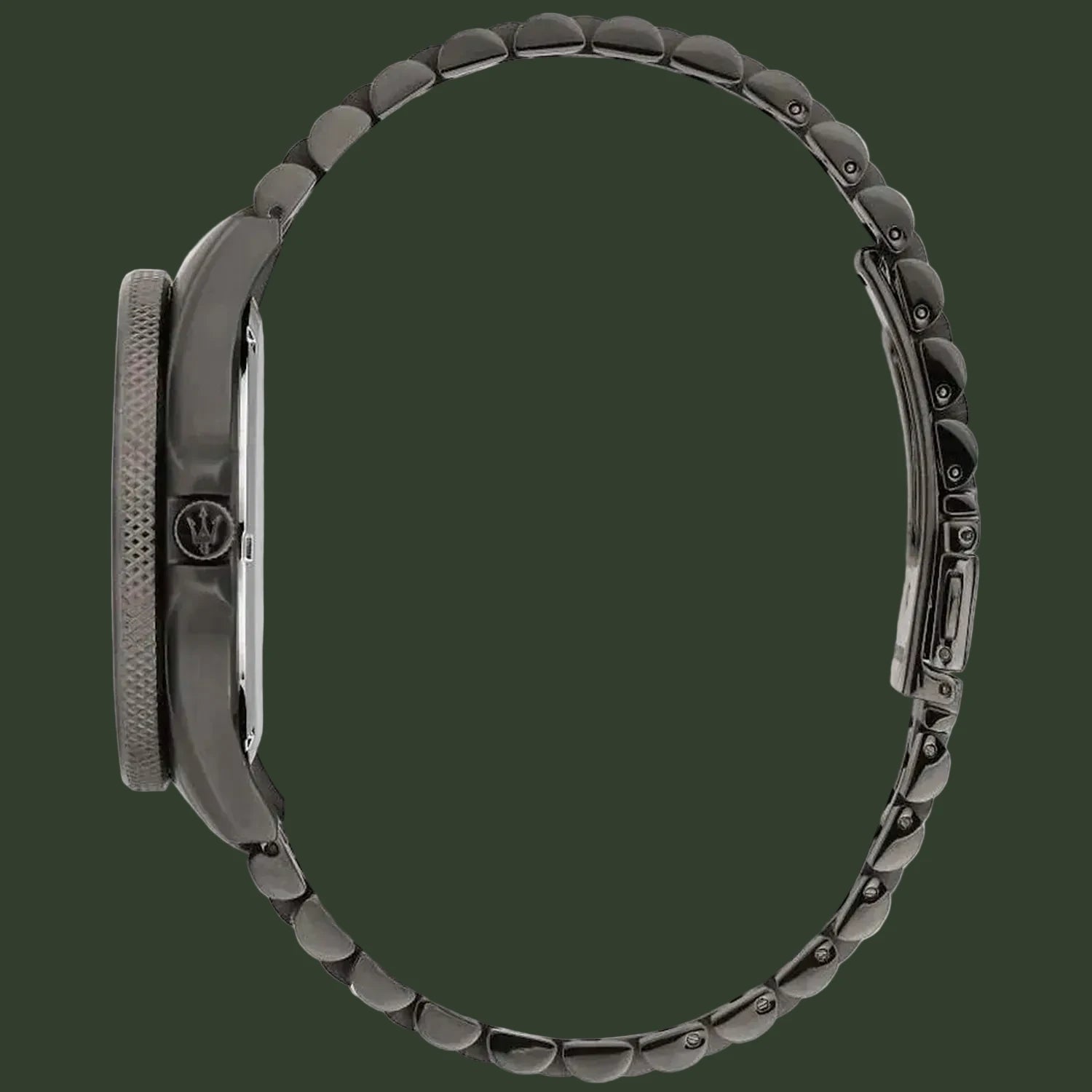 A dark gunmetal gray stainless steel watch band with a textured crown and a matching dark case, shown from the side profile on a white background.