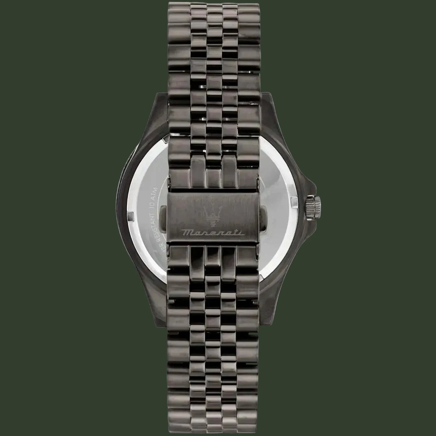 Rear view of a Maserati watch with a dark gunmetal metallic link bracelet and a silver-toned case back, shown on a plain white background.