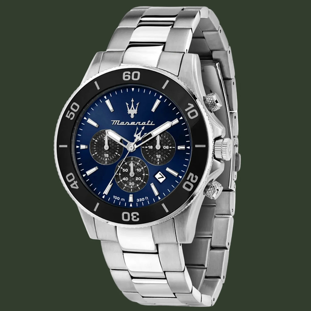 Maserati watch with blue dial and silver metal strap on a white background