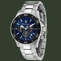 Maserati watch with blue dial and silver metal strap on a white background