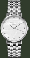 Rosefield watch with silver metal bracelet on a white background