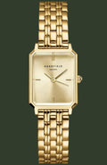 A gold-tone RODEFIELD wristwatch with a rectangular bezel, matching gold dial, and a multi-link metal bracelet, shown against a plain white background.