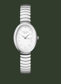 White watch with a patterned band on a white background