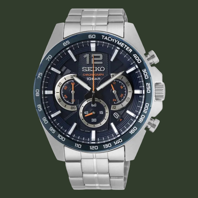 Seiko watch with silver metal strap and blue dial on a white background