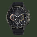 Black Seiko watch with detailed face on a white background