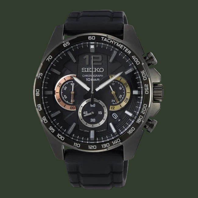 Black Seiko watch with detailed face on a white background