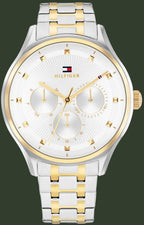 Two-tone watch with silver and gold band on a white background