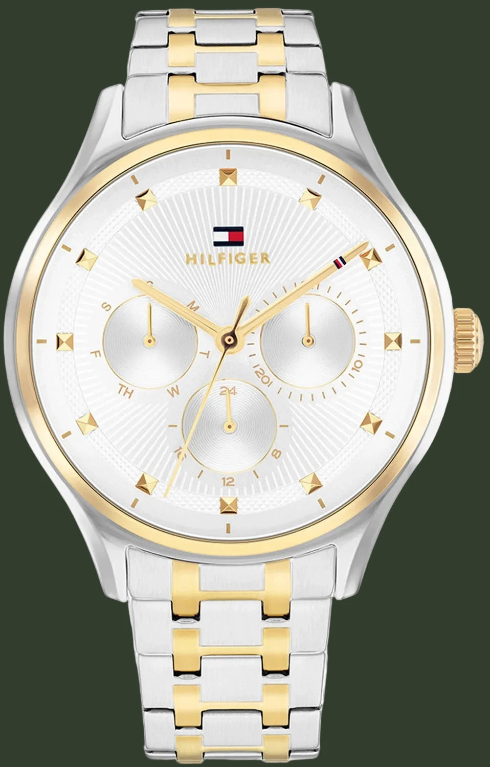 Two-tone watch with silver and gold band on a white background