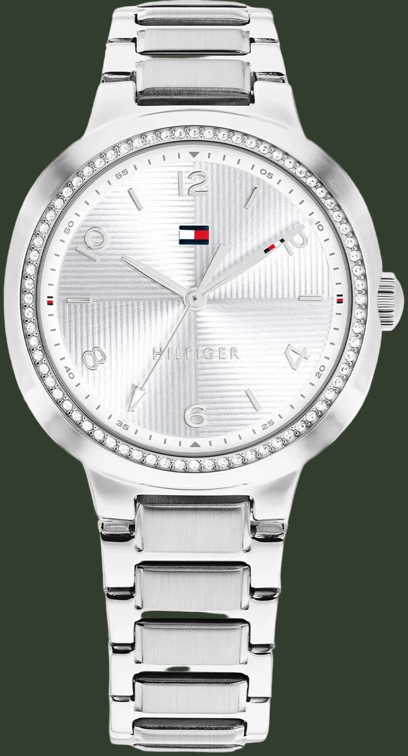 Silver watch with a detailed face on a white background
