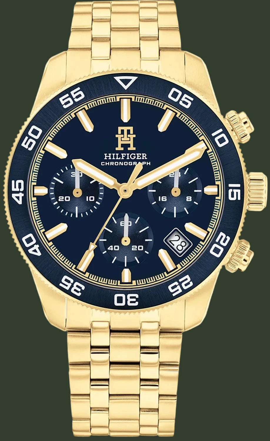 Gold watch with blue face on a white background
