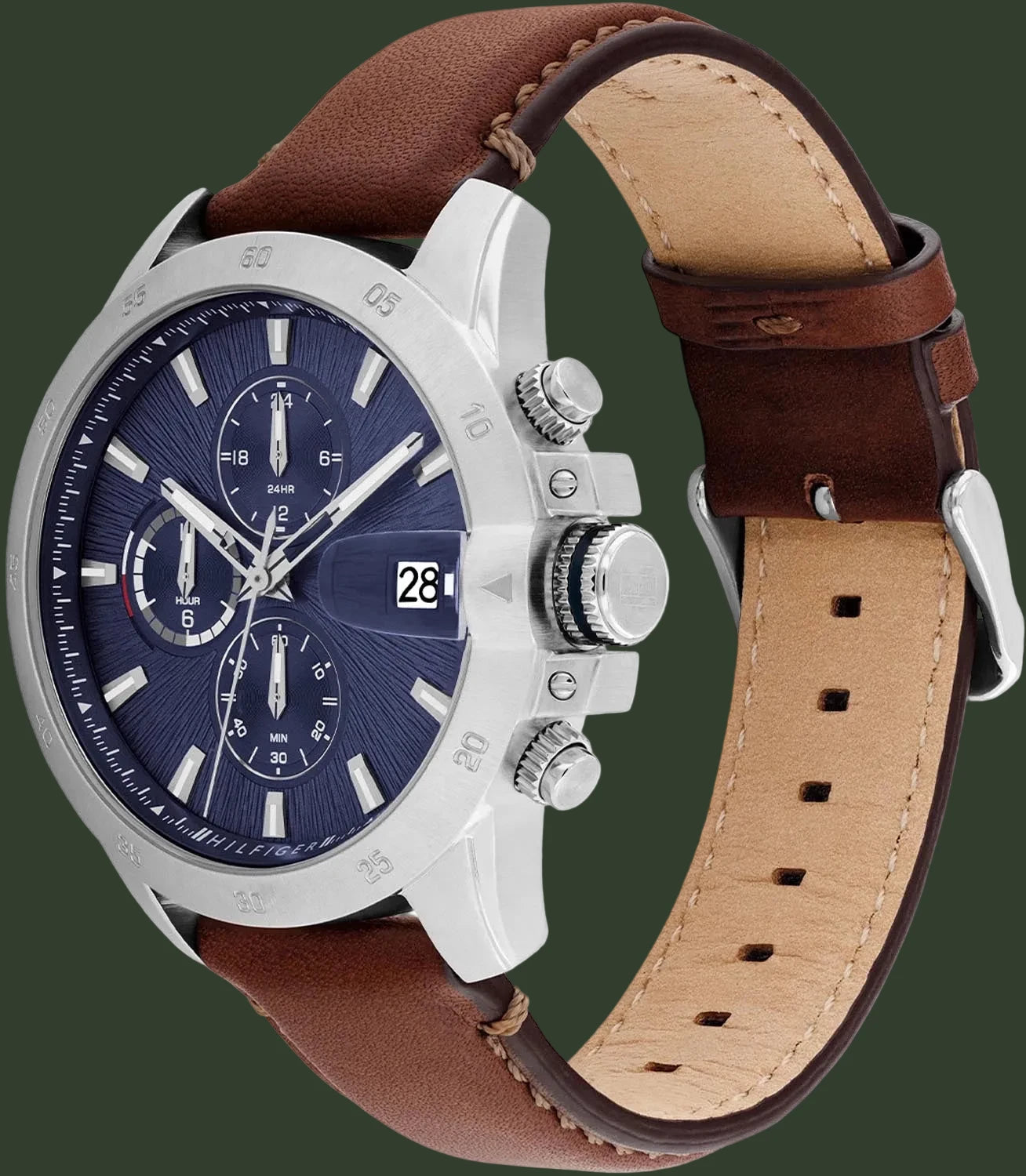 A men's chronograph watch with a silver-tone stainless steel case, a dark blue dial with three subdials and a date window, and a brown leather strap with a tan interior.