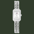 Silver watch with chain strap on a white background