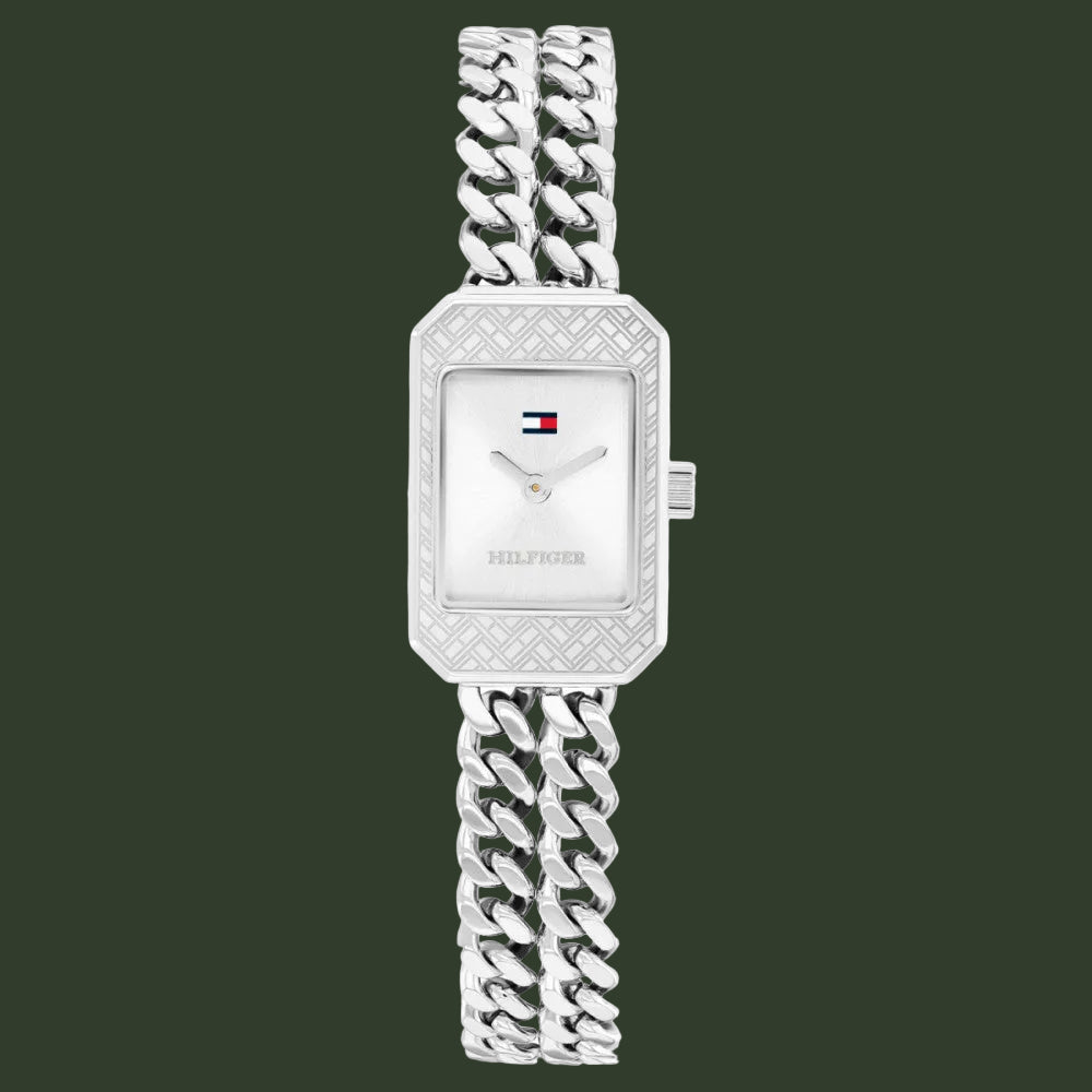 Silver watch with chain strap on a white background