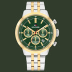 Tommy Hilfiger watch with green dial and two-tone metal strap on a white background