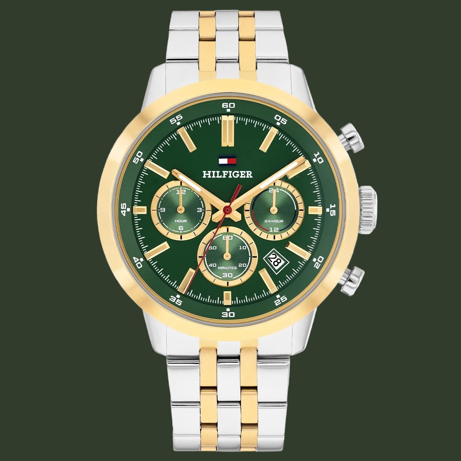 Tommy Hilfiger watch with green dial and two-tone metal strap on a white background