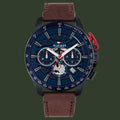 Tommy Hilfiger watch with brown leather strap and blue face on white background