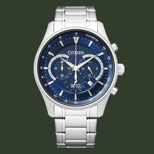Citizen Quartz watch with a silver stainless steel case and link bracelet, featuring a textured blue dial with three sub-dials and a date window.