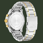 Citizen stainless steel watch with a two-tone silver and gold link band, shown from the back to display the case back and clasp.