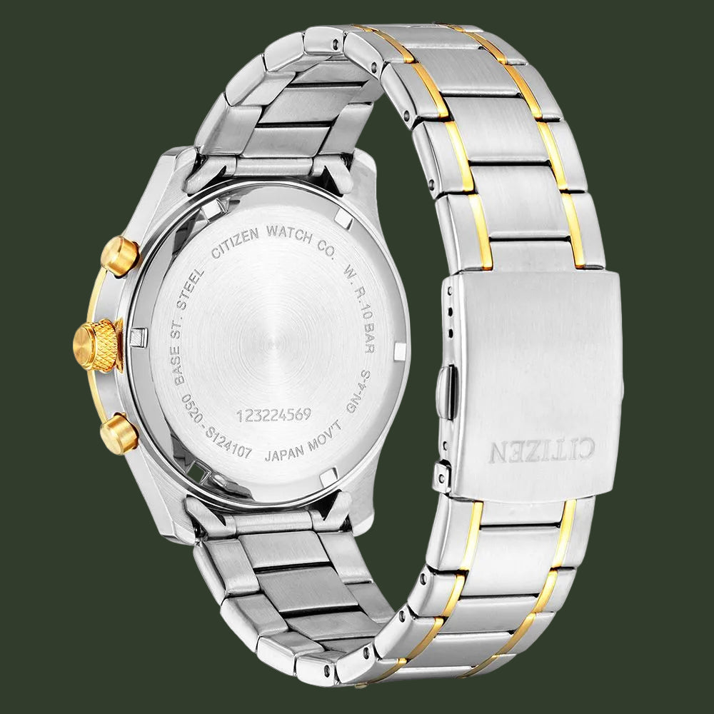 Citizen stainless steel watch with a two-tone silver and gold link band, shown from the back to display the case back and clasp.