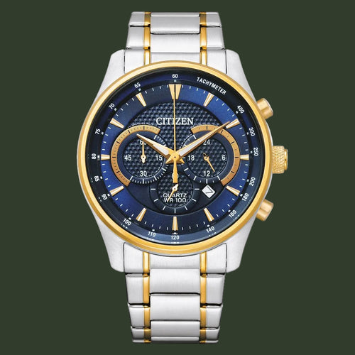 Citizen men's stainless steel and gold-tone watch with a blue dial, featuring three subdials, a date window, and a blue tachymeter bezel.