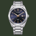 Citizen Quartz WR 50 watch with a silver stainless steel link bracelet, a blue sunburst dial, and rose gold-tone hands and hour markers.
