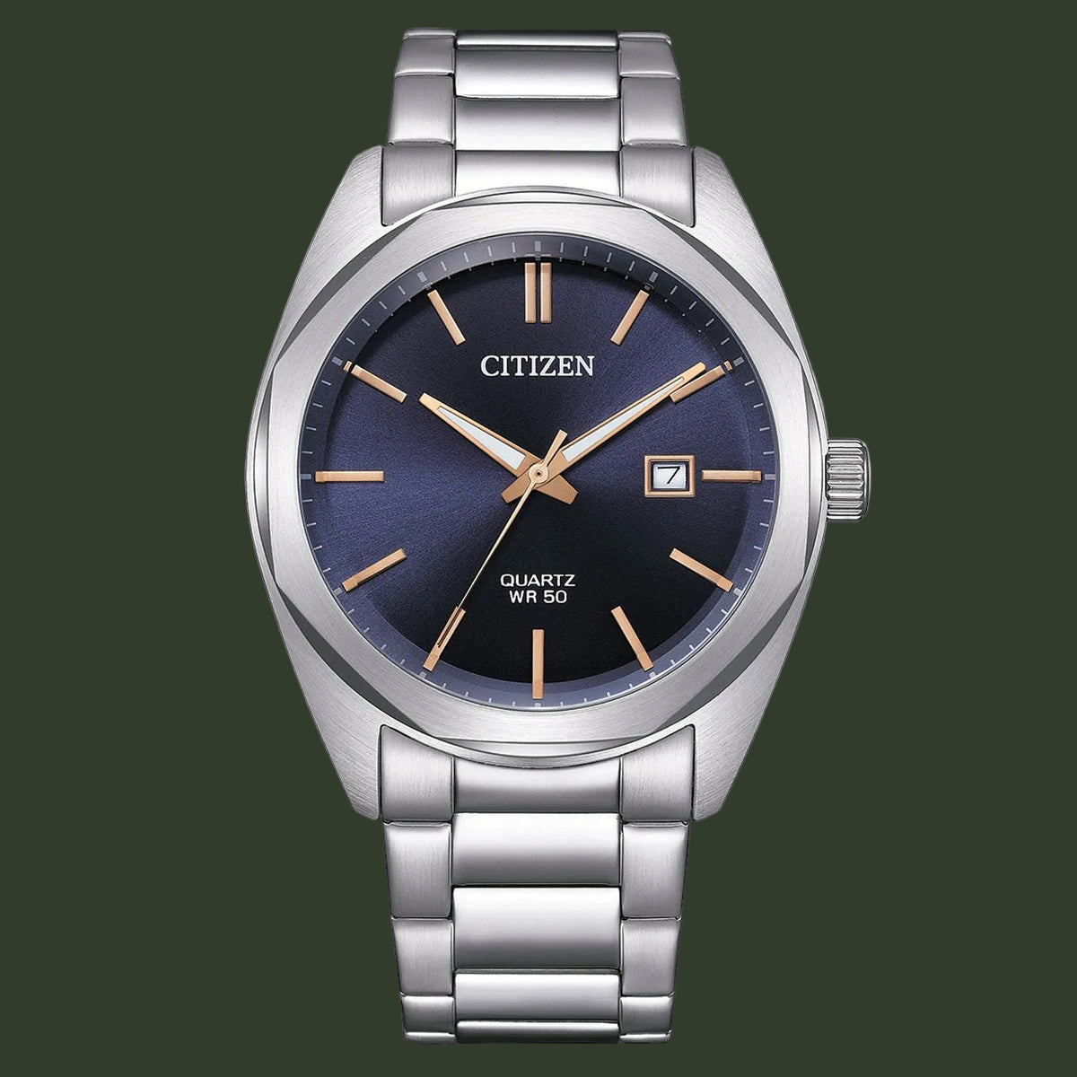 Citizen Quartz WR 50 watch with a silver stainless steel link bracelet, a blue sunburst dial, and rose gold-tone hands and hour markers.