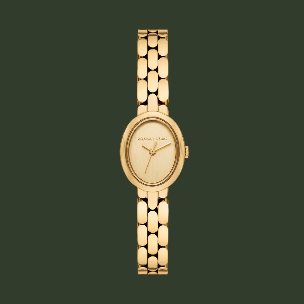 Michael Kors gold-tone oval watch with a matching metal link bracelet, shown against a plain white background.