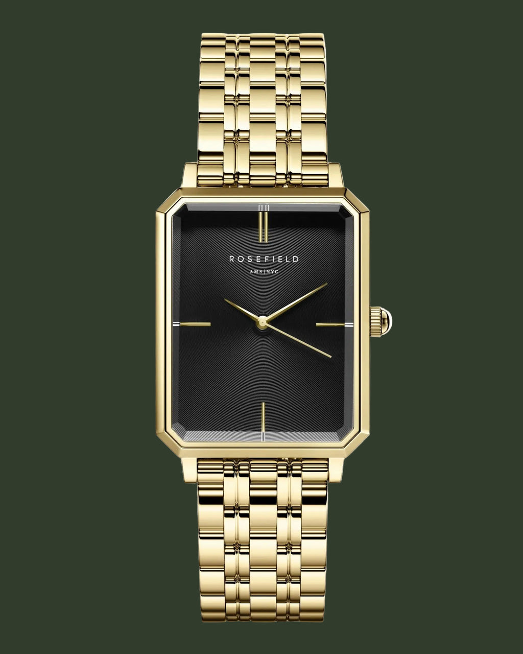 Gold watch with black face on a white background