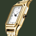 Gold wristwatch with a white face and 'Rosefield' branding on a white background