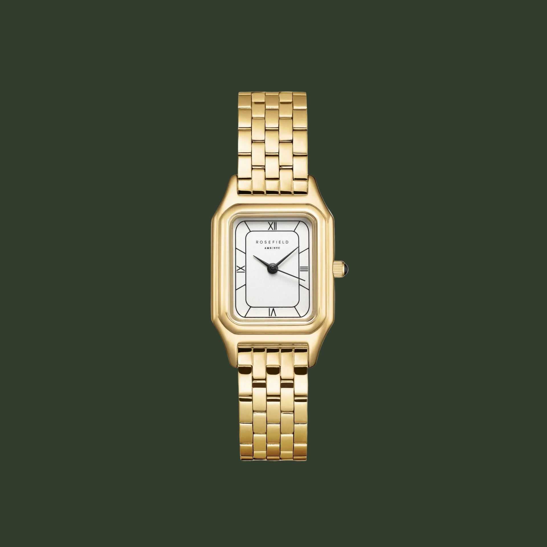 A gold-tone rectangular analog watch with a white dial and black Roman numeral hour markers, presented on a solid white background.