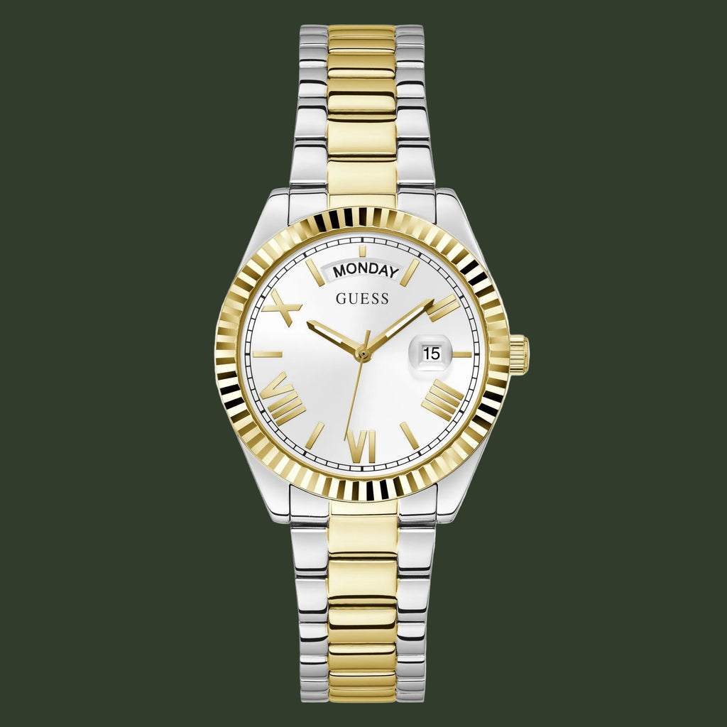 Two-tone watch with gold and silver band on a white background