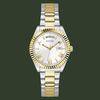 Two-tone watch with gold and silver band on a white background