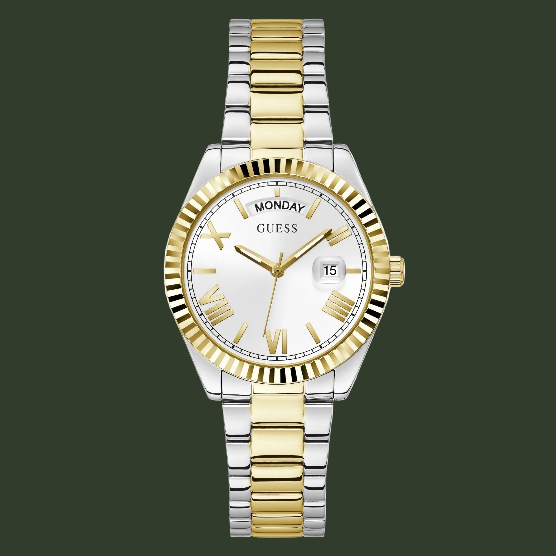 Two-tone watch with gold and silver band on a white background