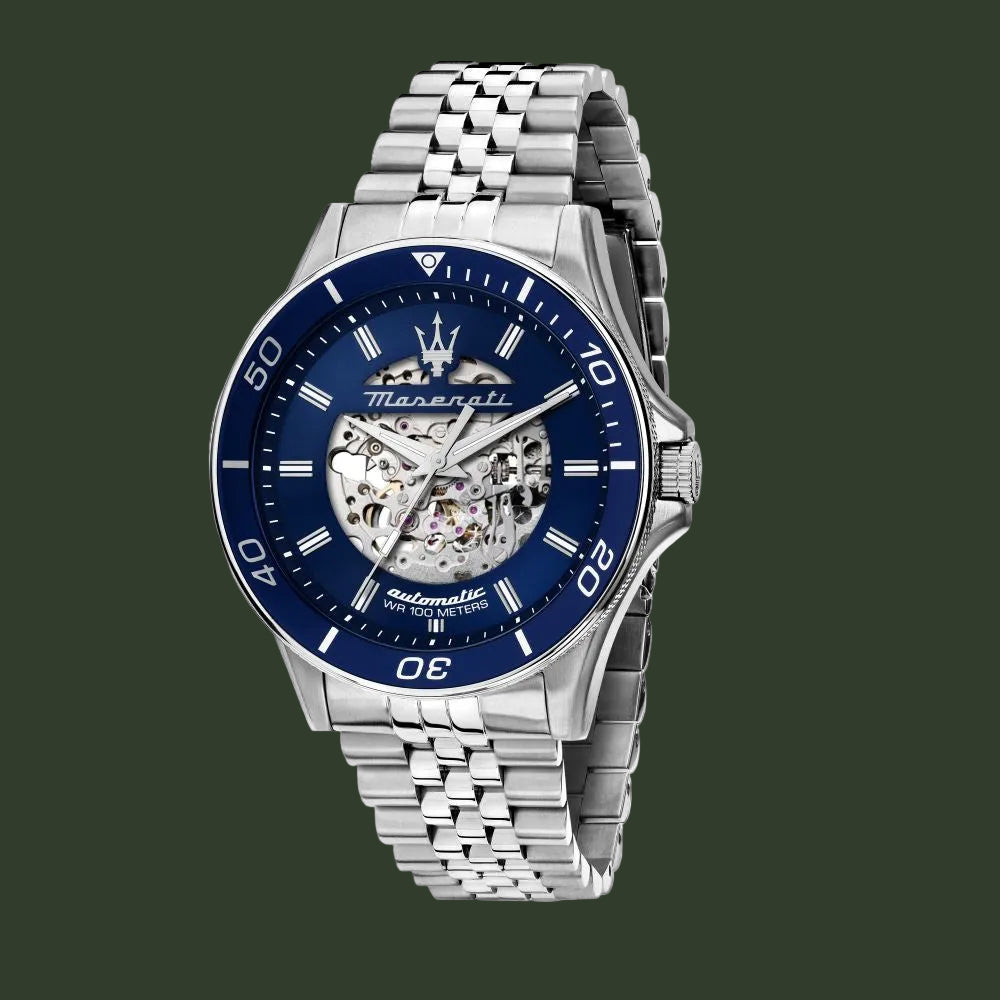 Maserati watch with blue face and silver metal strap on a white background