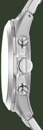 Close-up of a silver watch with detailed design on a white background