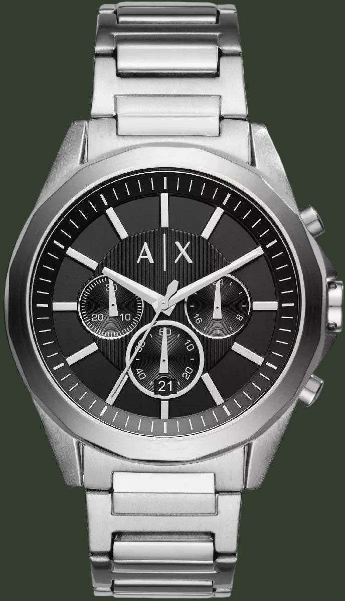 Silver Armani Exchange watch with black dial on a white background