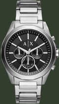 Silver Armani Exchange watch with black dial on a white background