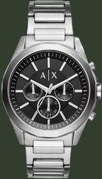 Silver Armani Exchange watch with black dial on a white background