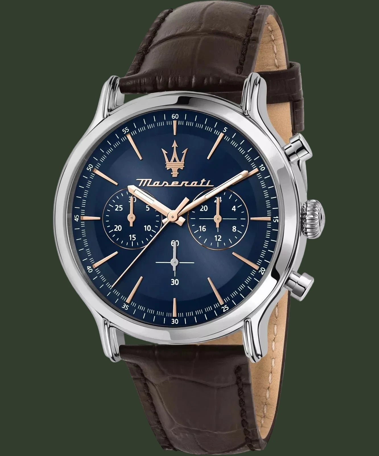 Maserati men's watch featuring a dark blue dial with rose gold-tone hands and markers, a silver-tone case, and a dark brown leather strap.