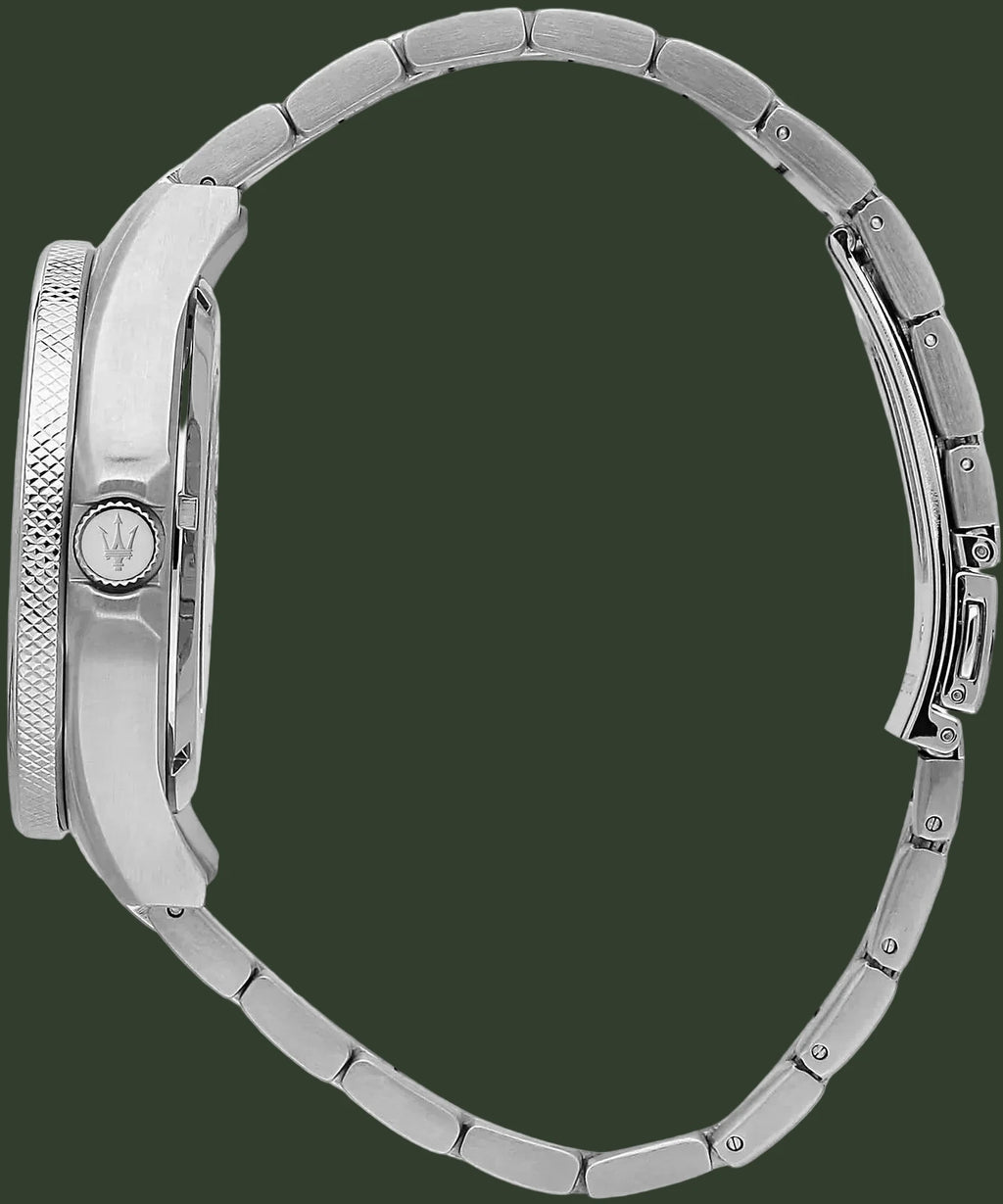 Silver stainless steel watch with a multi-link bracelet, shown from a side profile view on a white background. The Maserati trident logo is visible on the crown button.