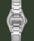 Silver stainless steel watch band with a central clasp engraved with the Maserati trident logo and brand name, shown from the back on a white background.