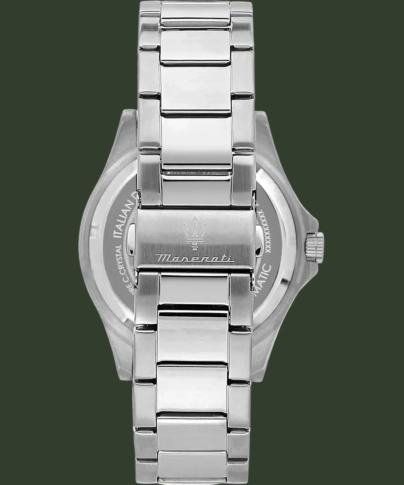 Silver stainless steel watch band with a central clasp engraved with the Maserati trident logo and brand name, shown from the back on a white background.