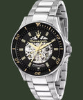 A Maserati automatic watch with a silver stainless steel link bracelet, a black dial, and gold-tone details, shown on a white background.