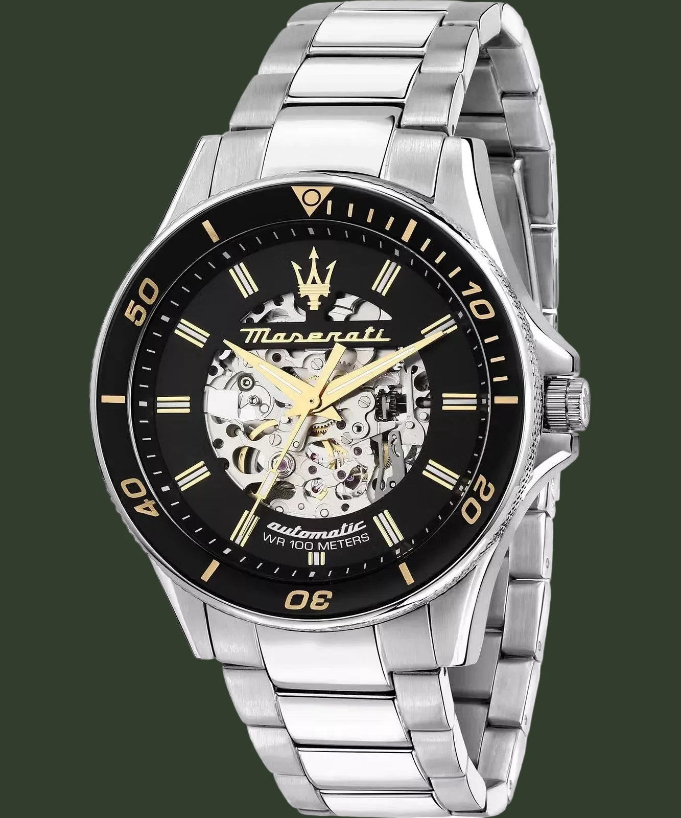 A Maserati automatic watch with a silver stainless steel link bracelet, a black dial, and gold-tone details, shown on a white background.