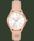 Pink watch with rose gold case and MK logo on a white background